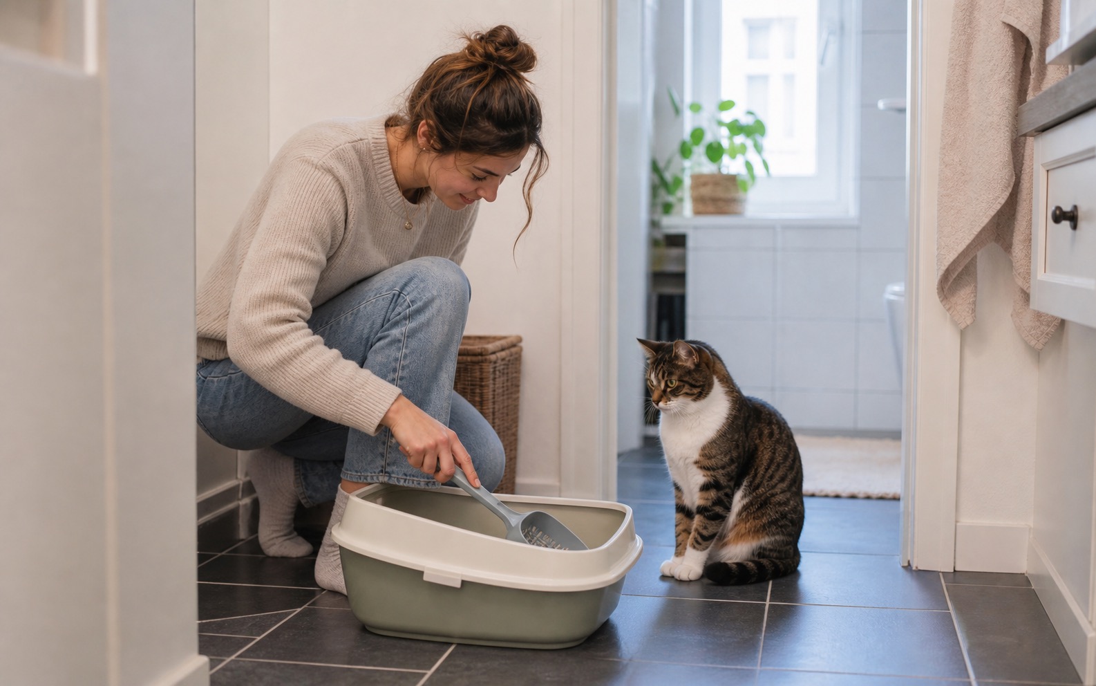Kattenoppas maakt de kattenbak schoon