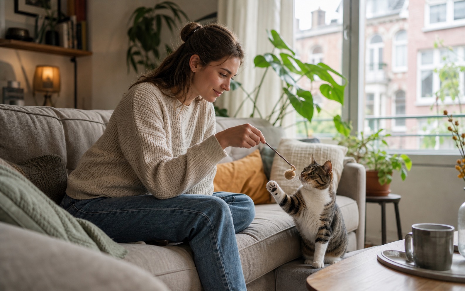 Kattenoppas speelt met een kat in huis