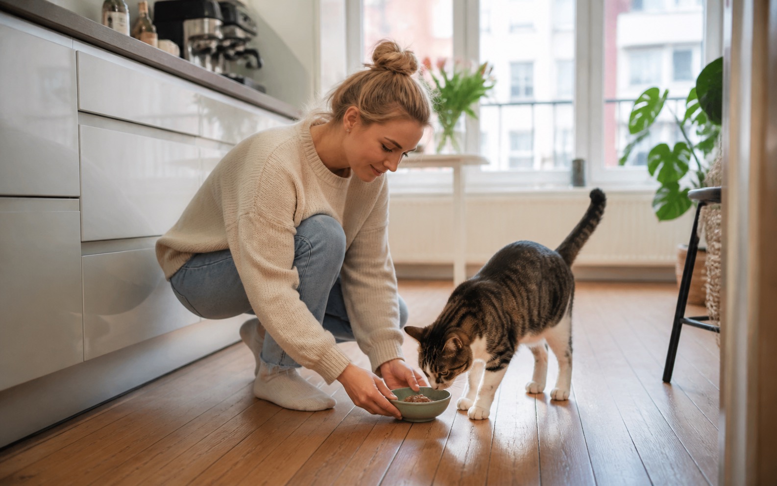 Kattenoppas in Amsterdam geeft een kat eten